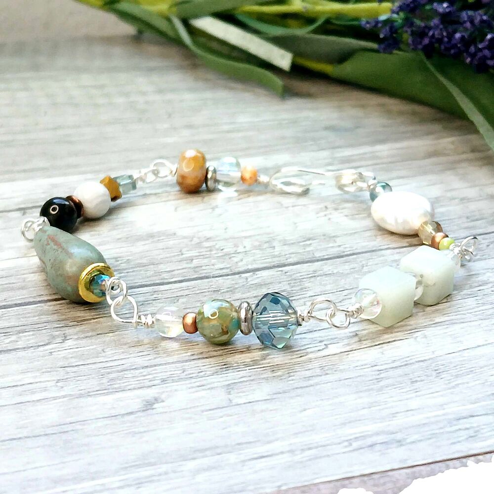 Gemstone Beaded Bracelet - 7.5" - Obsidian Czech Glass Amazonite